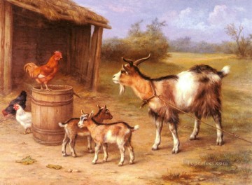 Fowl Painting - A farmyard Scene With Goats And Chickens farm animals Edgar Hunt
